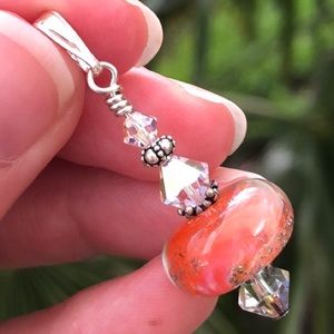 Boro glass pendant sterling silver Bali Swarovski Crystal orange Creamsicle